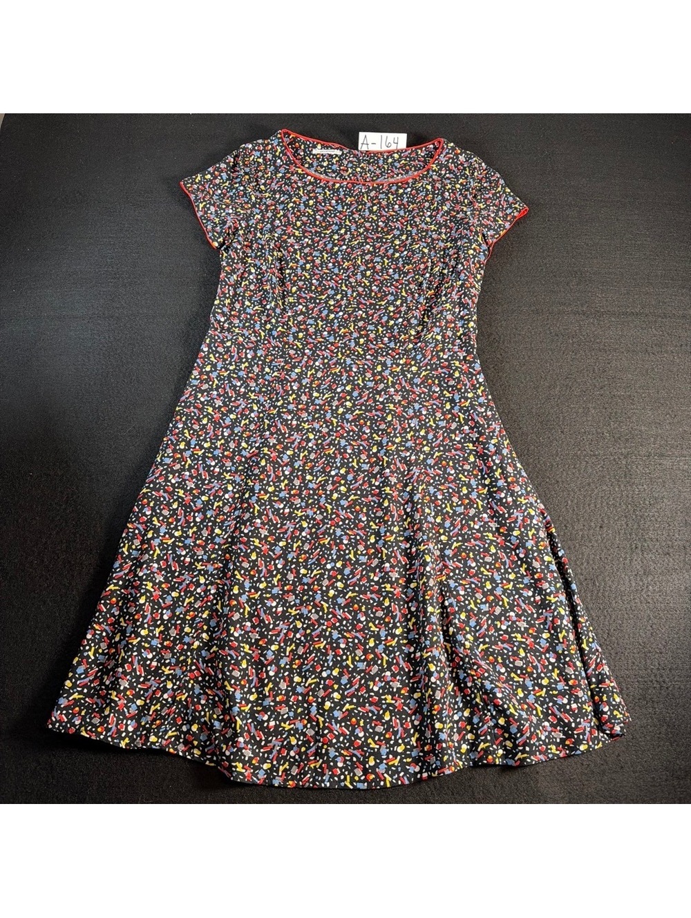 Promod Womens Dress Size 8 Black Multicolor Abstract Print Fit Flare Midi Retro